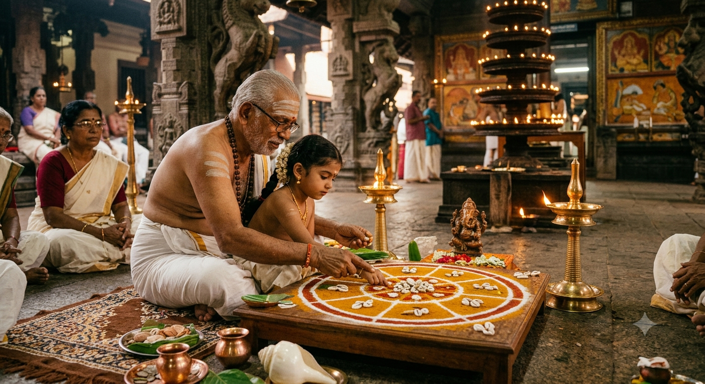 Kerala temple Devaprasnam: A child selects a zodiac sign (Rasi) under the guidance of a traditional astrologer during the ritual