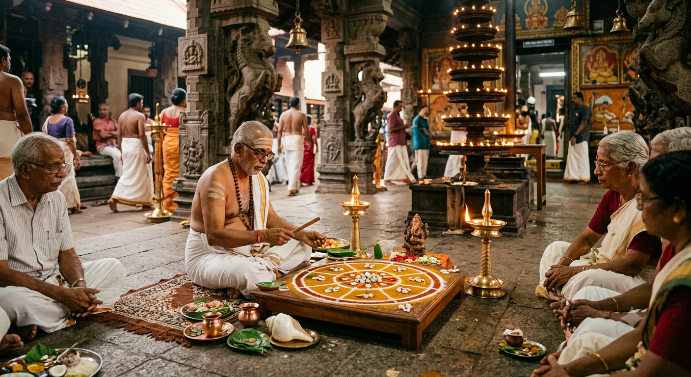 Kerala temple Devaprasnam ritual: Astrologer interpreting cowrie shells and zodiac chart in traditional temple setting with devotees and oil lamps