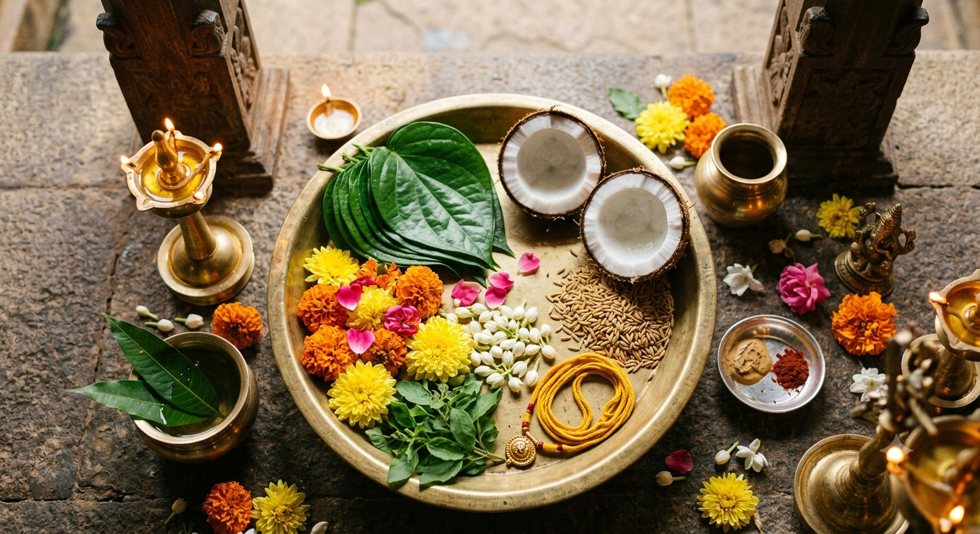 Ceremonial pooja offerings for a Devaprasnam ritual in a Kerala temple, featuring betel leaves, coconut, Nellu rice, and sacred thread on a large brass platter